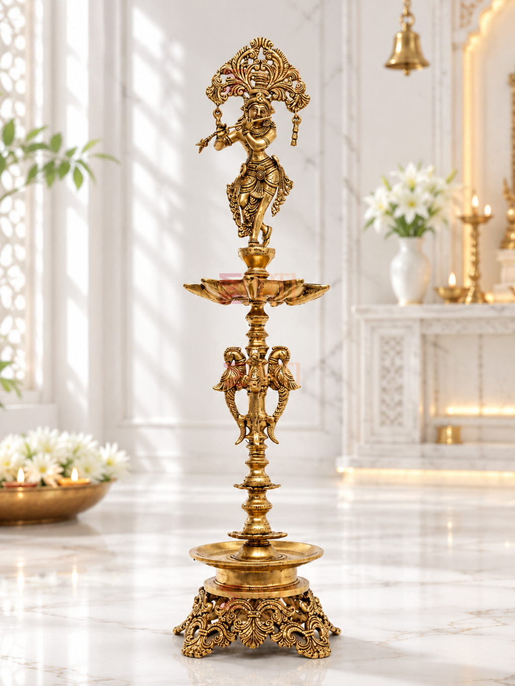 Brass Krishna Playing Flute Oil Lamp Stand for Home Temple, Mandir & Traditional Decor