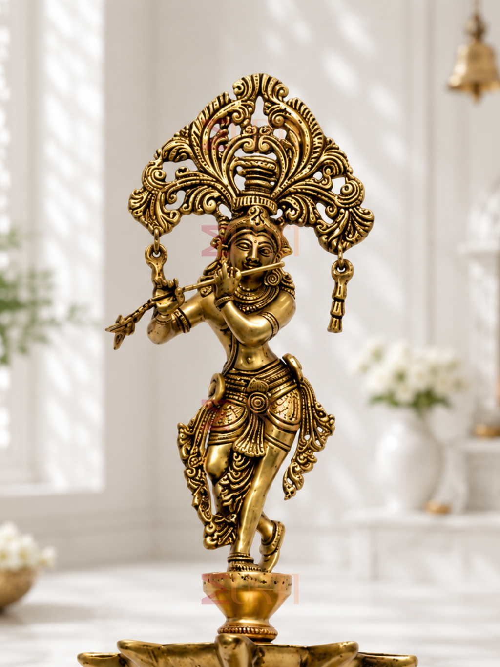 Brass Krishna Playing Flute Oil Lamp Stand for Home Temple, Mandir & Traditional Decor