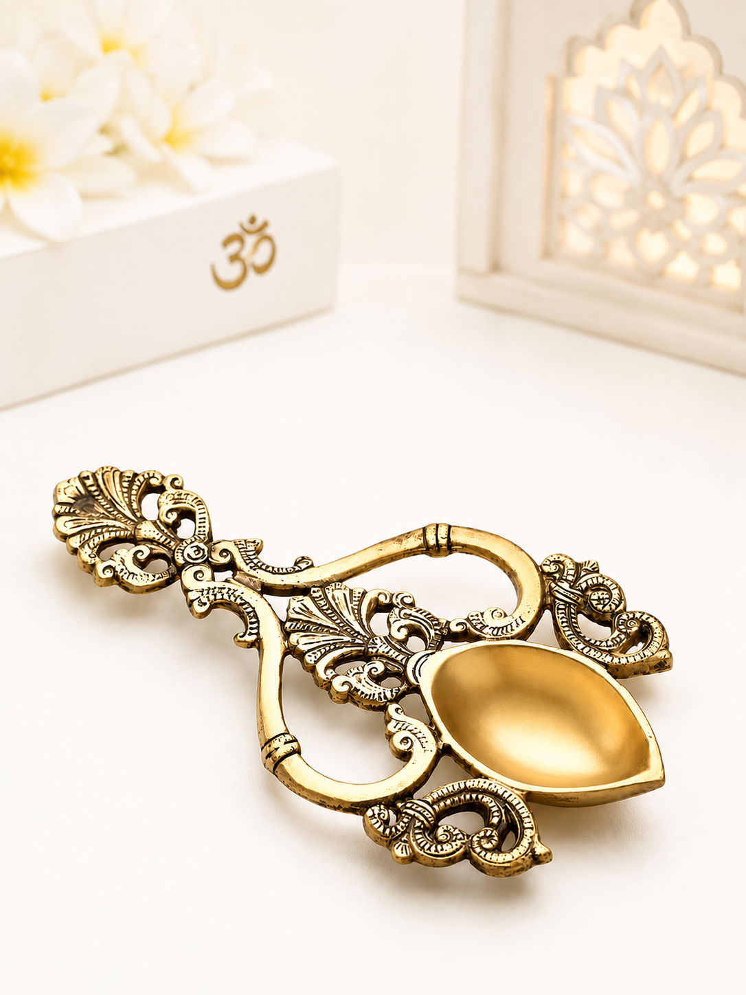 Handcrafted Brass Ethnic Handcarved Aarti & Havan Spoon for Home Temple, Pooja Room & Spiritual Decor