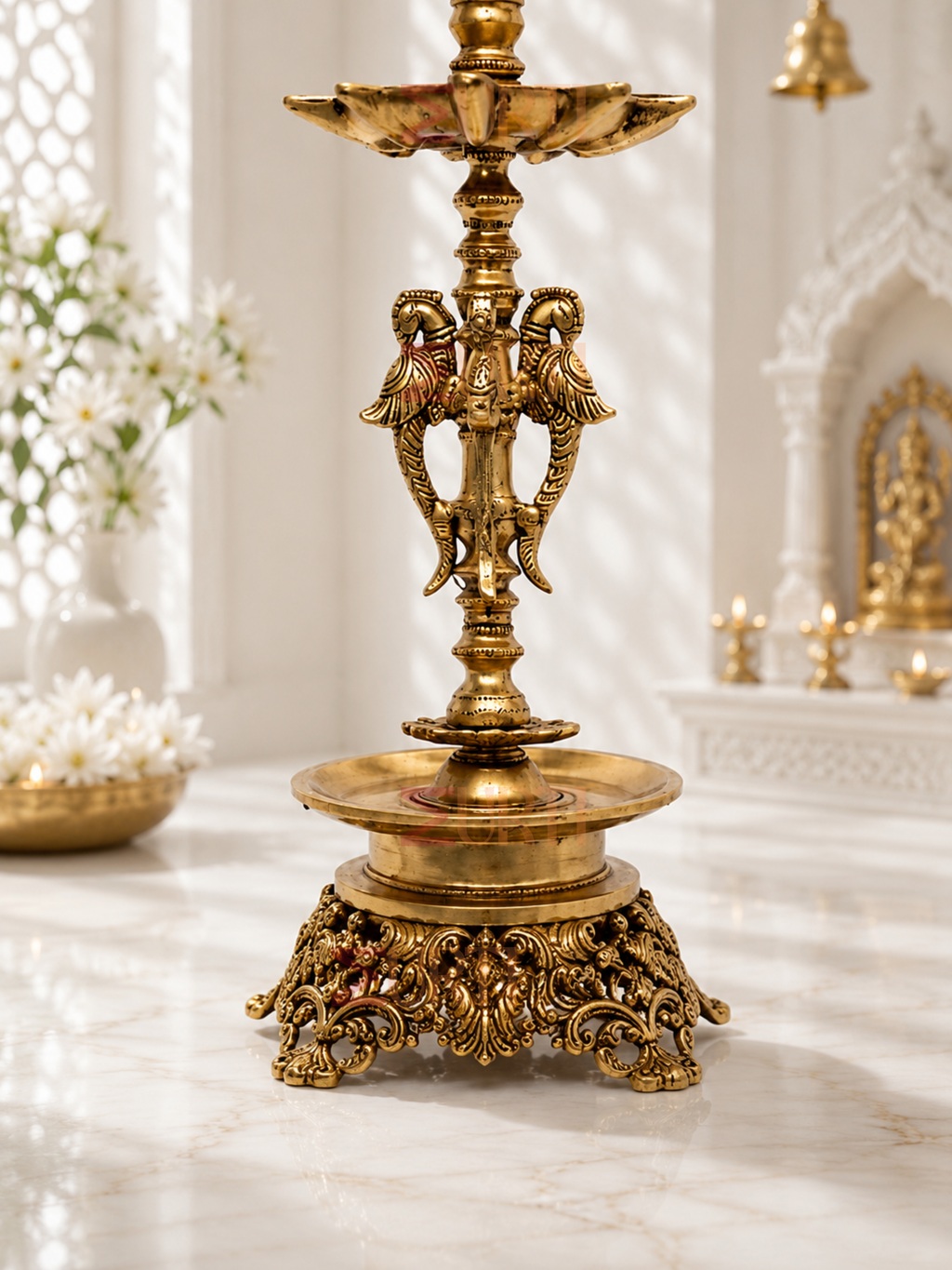 Brass Krishna Playing Flute Oil Lamp Stand for Home Temple, Mandir & Traditional Decor
