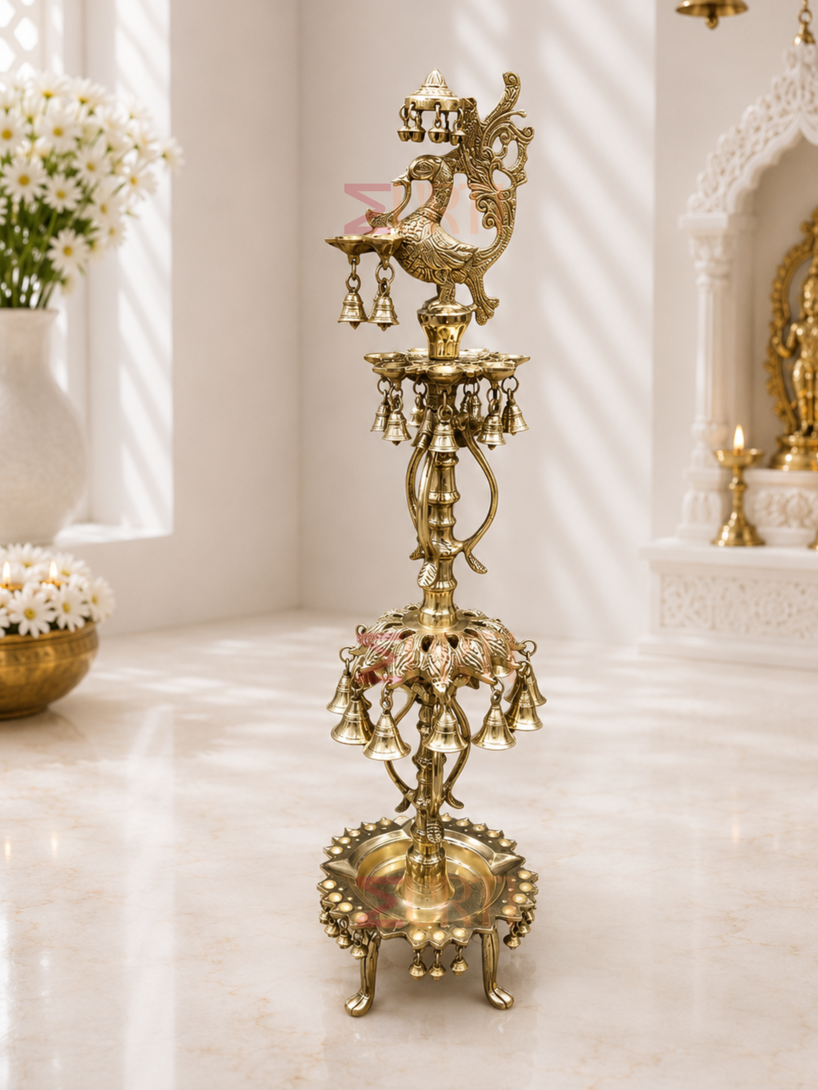 Brass Peacock Lamp with Hanging Bells & Ghungroos for Home Temple, Mandir & Traditional Decor
