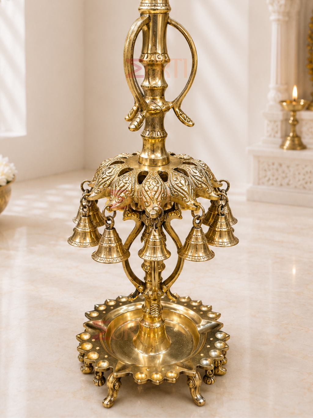 Brass Peacock Lamp with Hanging Bells & Ghungroos for Home Temple, Mandir & Traditional Decor