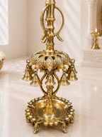 Brass Peacock Lamp with Hanging Bells & Ghungroos for Home Temple, Mandir & Traditional Decor