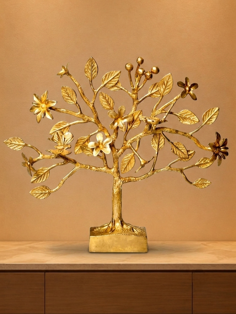 Handcrafted Brass Floral Tree with Butterfly for Living Room, Office & Table Decor