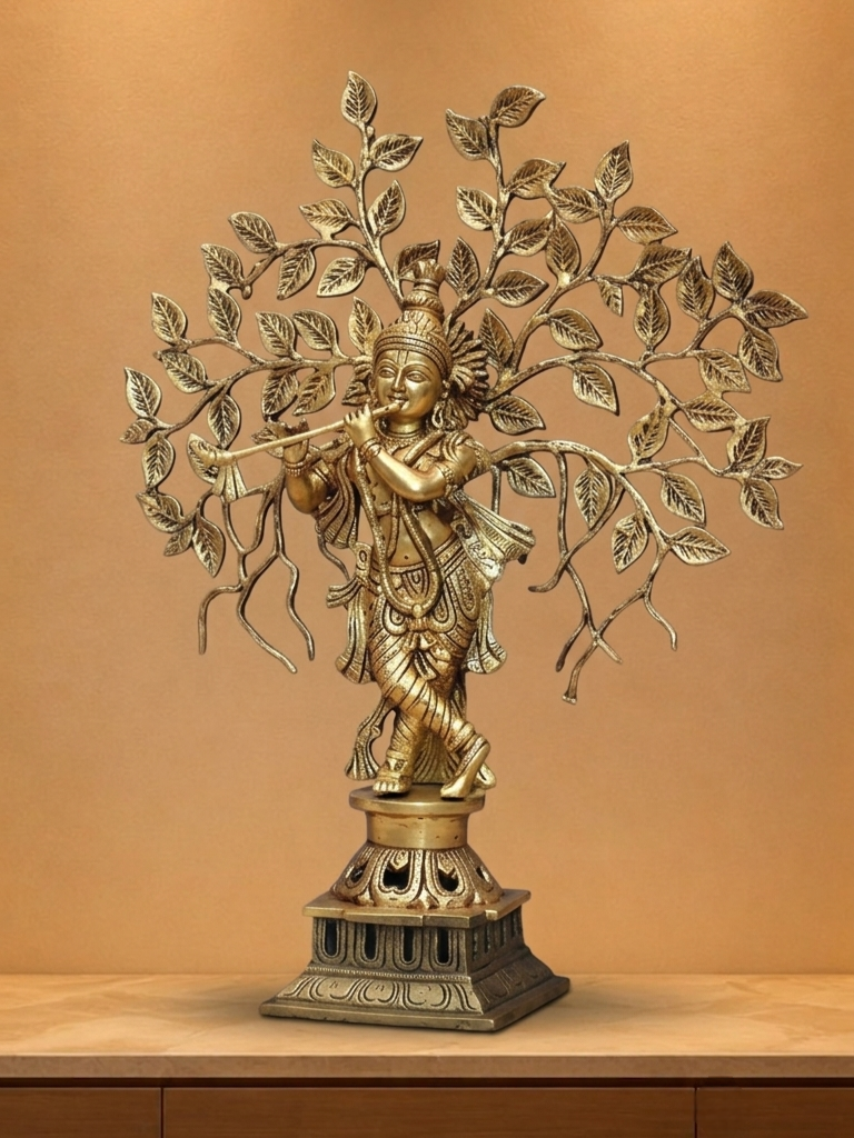 Handcrafted Brass Krishna with Tree Statue for Living Room, Office & Spiritual Decor
