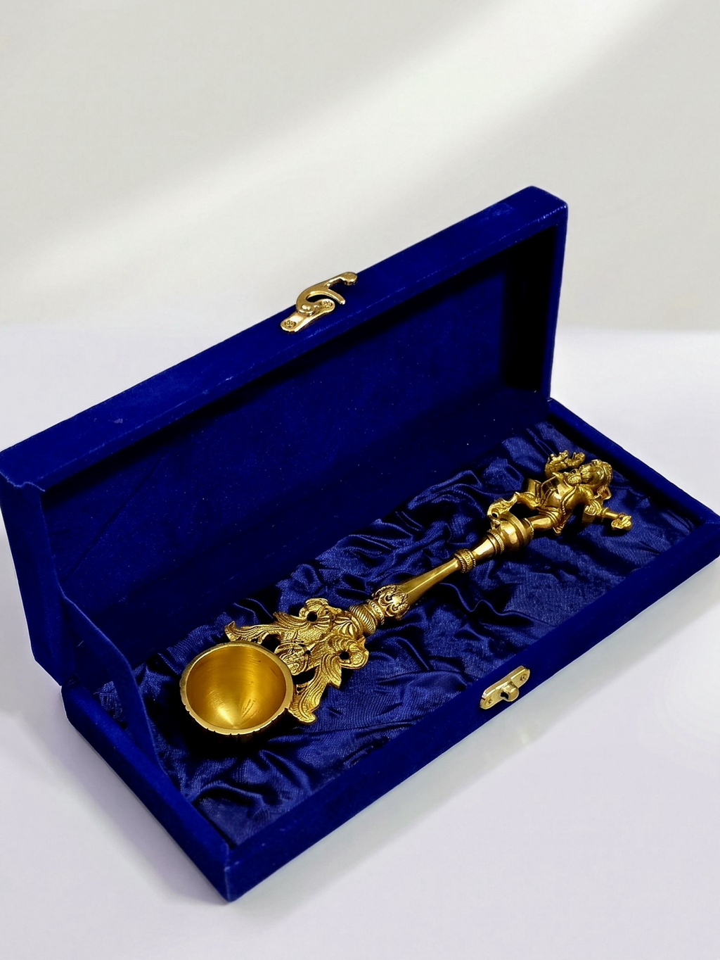 Brass Achmani Havan Spoon with Ganesh Ji in Velvet Gift Box