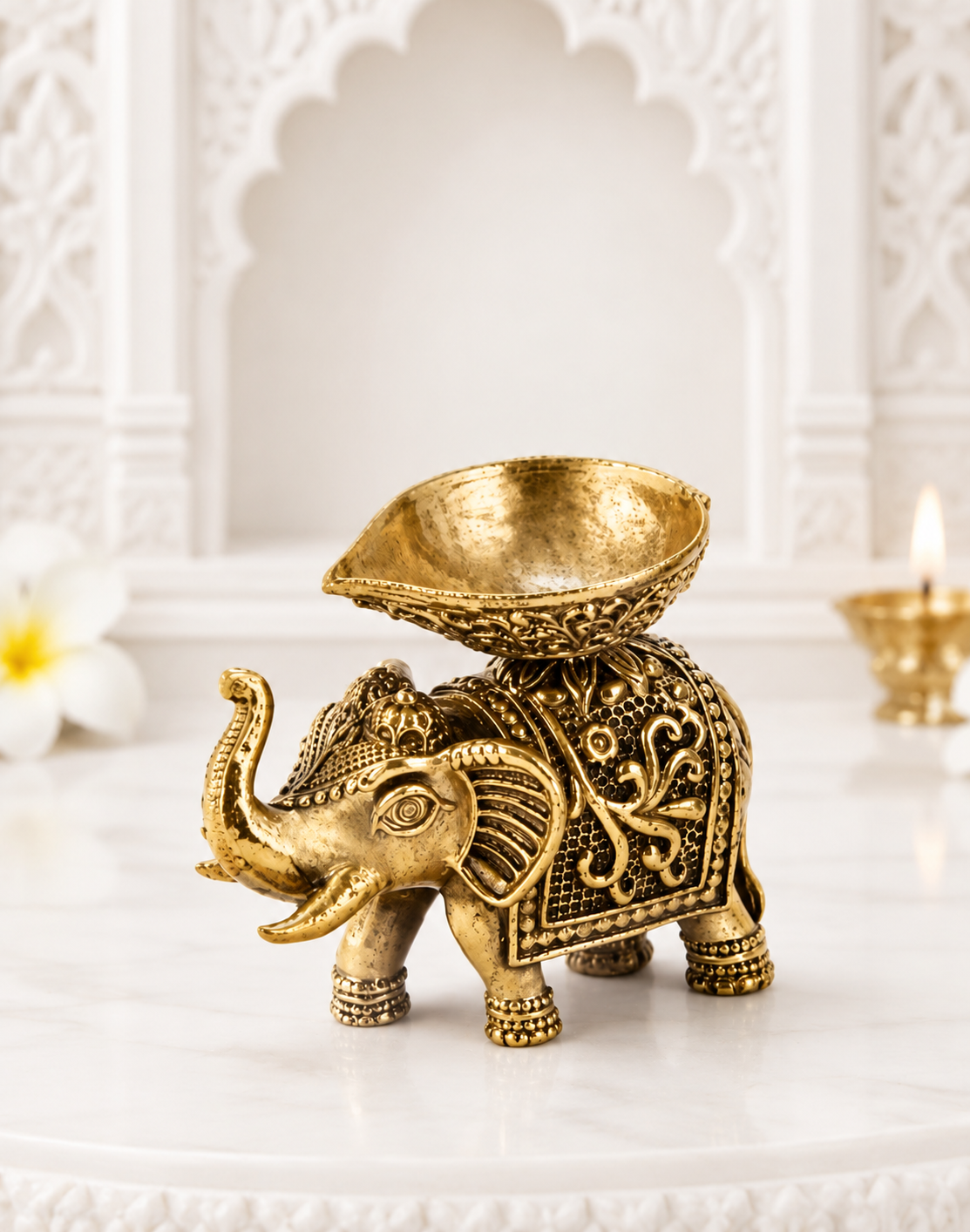 Premium Brass Elephant Diya with Antique Finish for Home Temple & Housewarming Gift