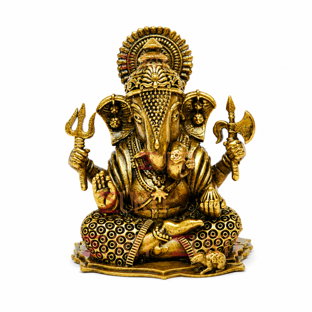 Seated Ganesha Brass Lord Ganesha Sitting on Singhasan Idol | Ganpati Statue for Home Temple, Office Desk & Spiritual Decor