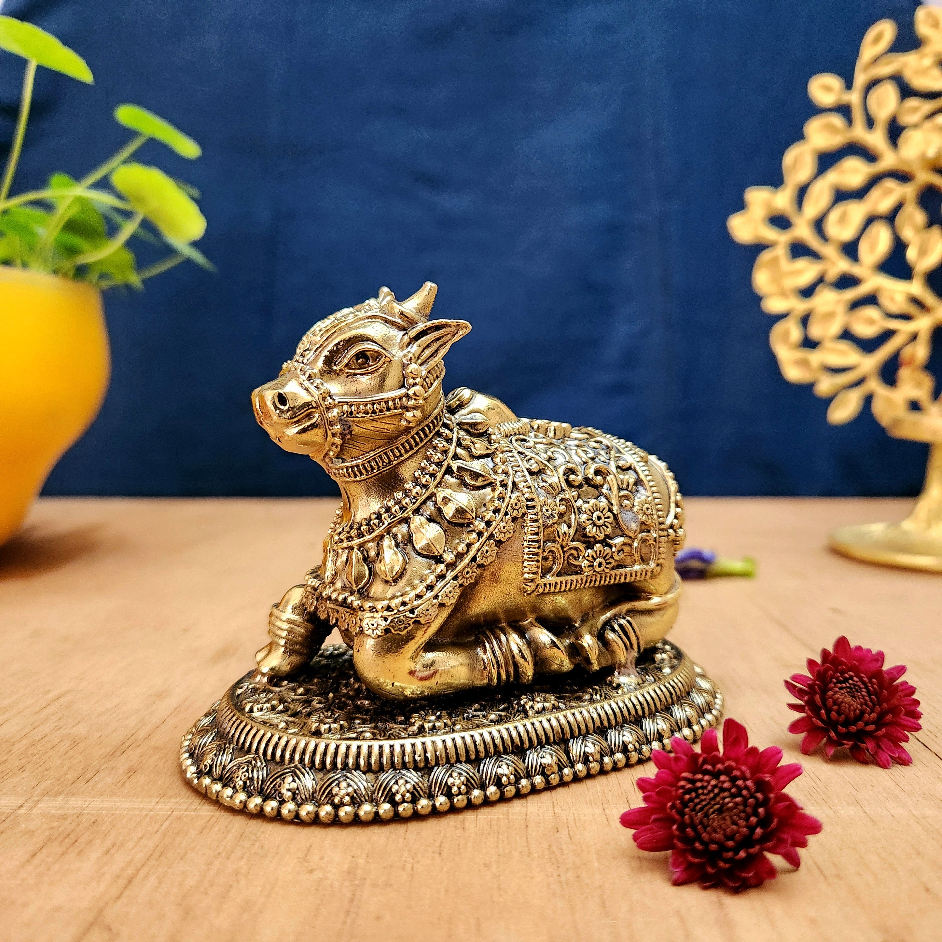 Brass Nandi Miniature Idol | Divine Nandi Maharaj Statue for Home Temple & Puja