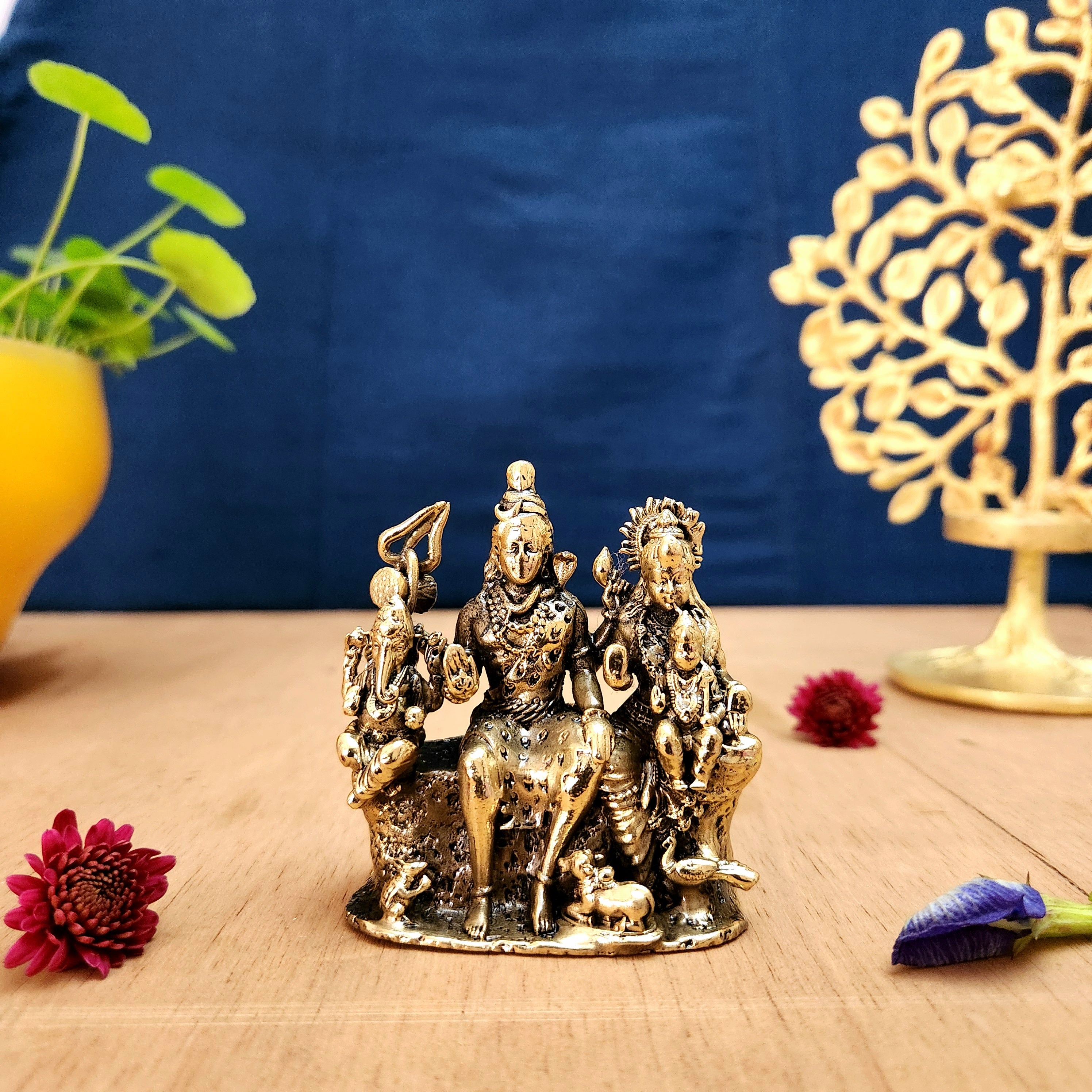 Pure Brass Shiv Parivar Miniature Idol | Divine Shiva Family Statue for Home Decor & Puja