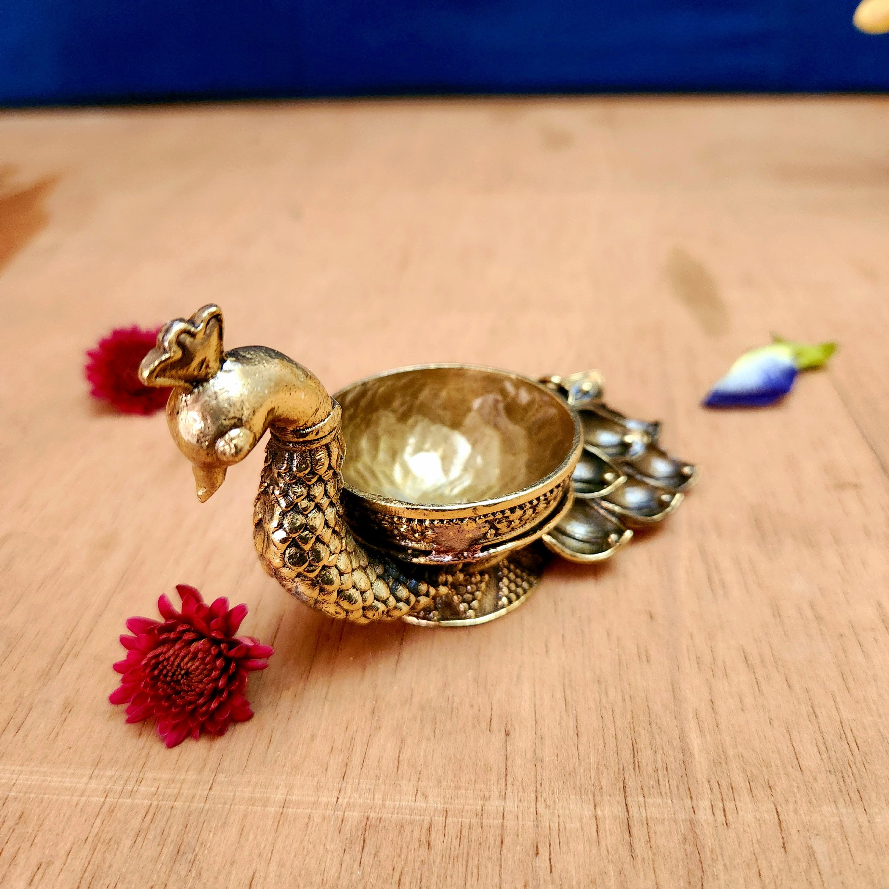 Pure Brass Peacock Diya Small | Decorative Peacock Diya for Puja & Mandir