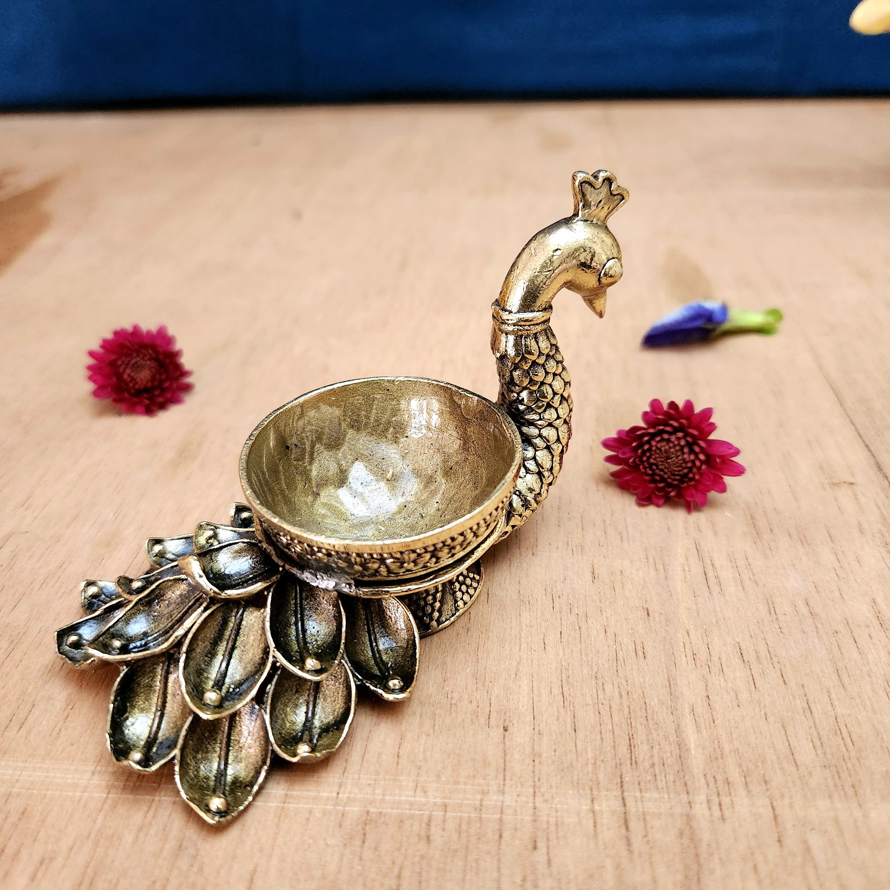 Pure Brass Peacock Diya Small | Decorative Peacock Diya for Puja & Mandir