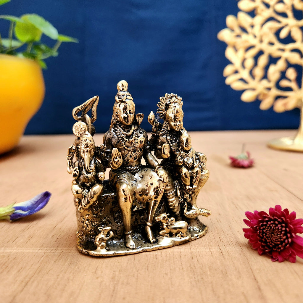 Pure Brass Shiv Parivar Miniature Idol | Divine Shiva Family Statue for Home Decor & Puja