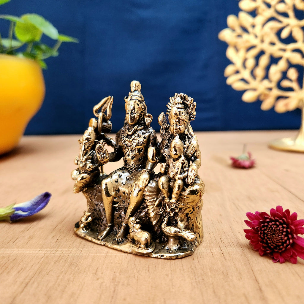 Pure Brass Shiv Parivar Miniature Idol | Divine Shiva Family Statue for Home Decor & Puja