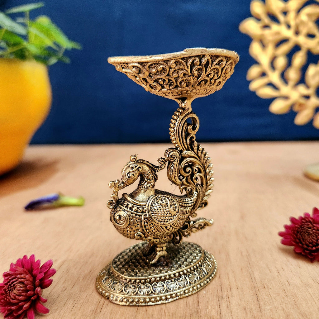 Pure Brass Standing Mor Diya | Decorative Peacock Oil Lamp for Puja & Home Temple
