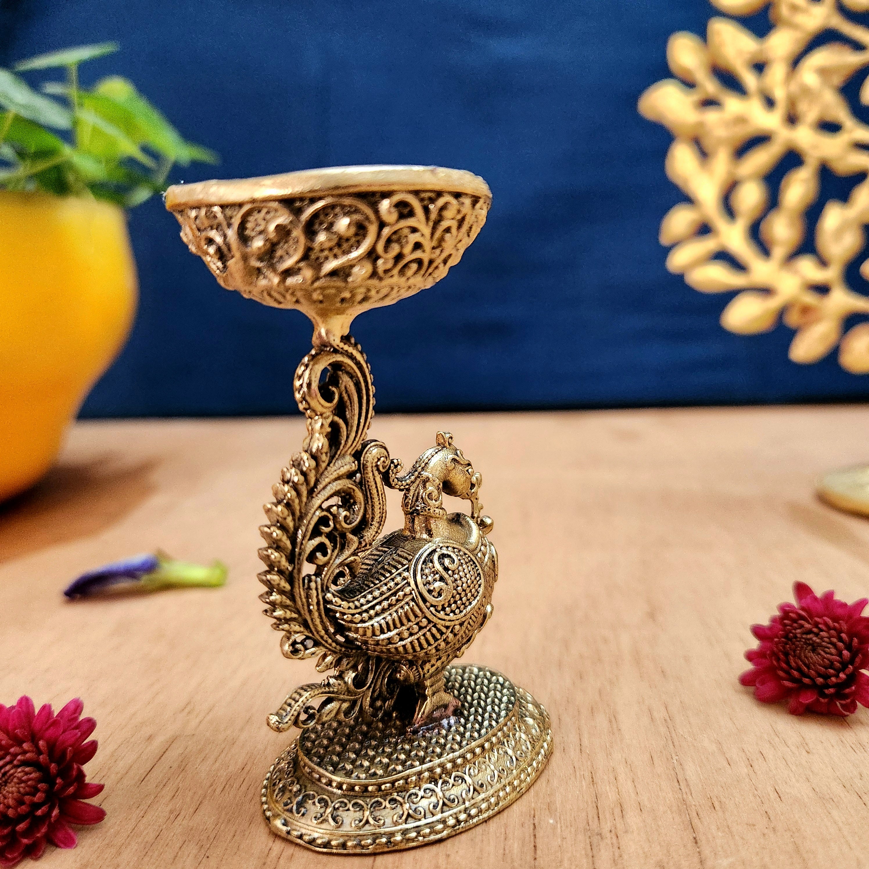 Pure Brass Standing Mor Diya | Decorative Peacock Oil Lamp for Puja & Home Temple