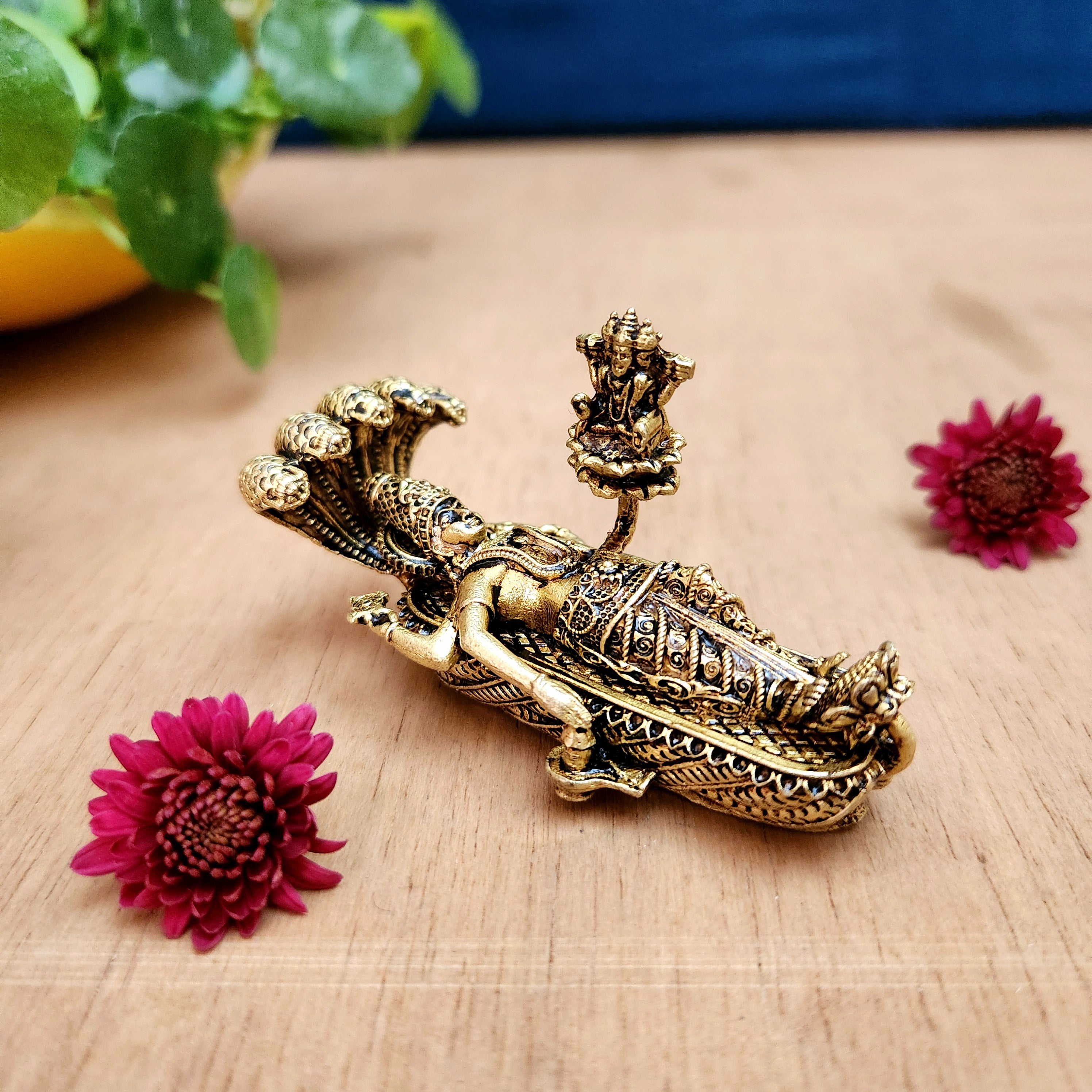 Brass Vishnu on Sheshnaag Miniature Idol | Lord Vishnu Statue for Vastu, Puja & Home Temple