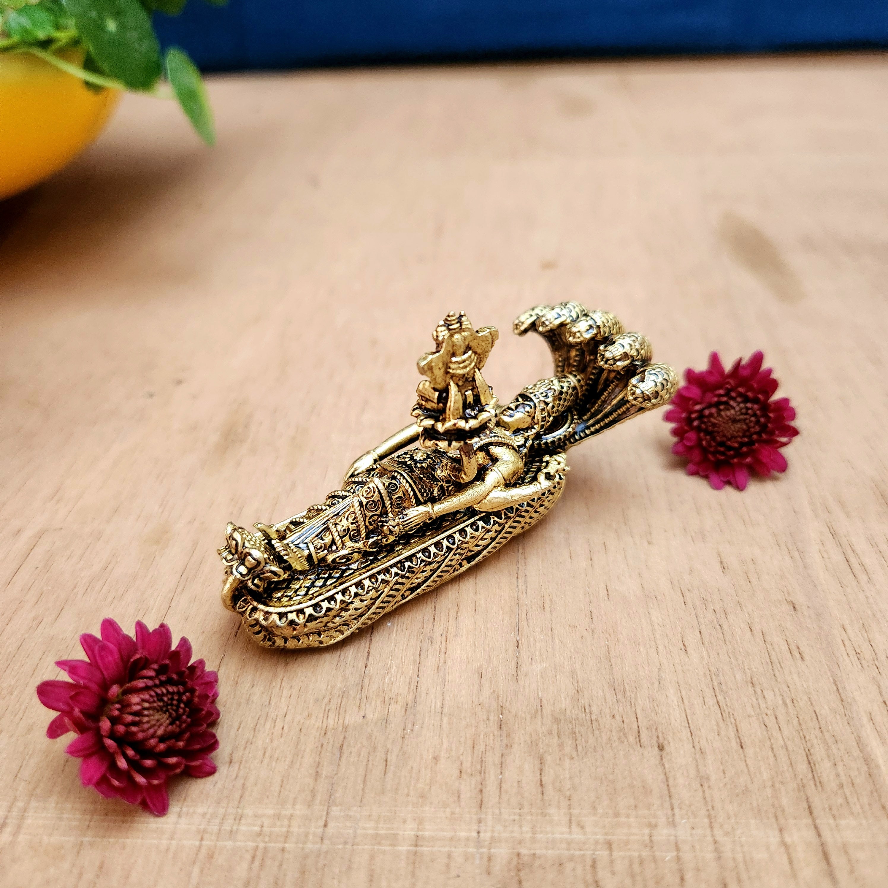 Brass Vishnu on Sheshnaag Miniature Idol | Lord Vishnu Statue for Vastu, Puja & Home Temple