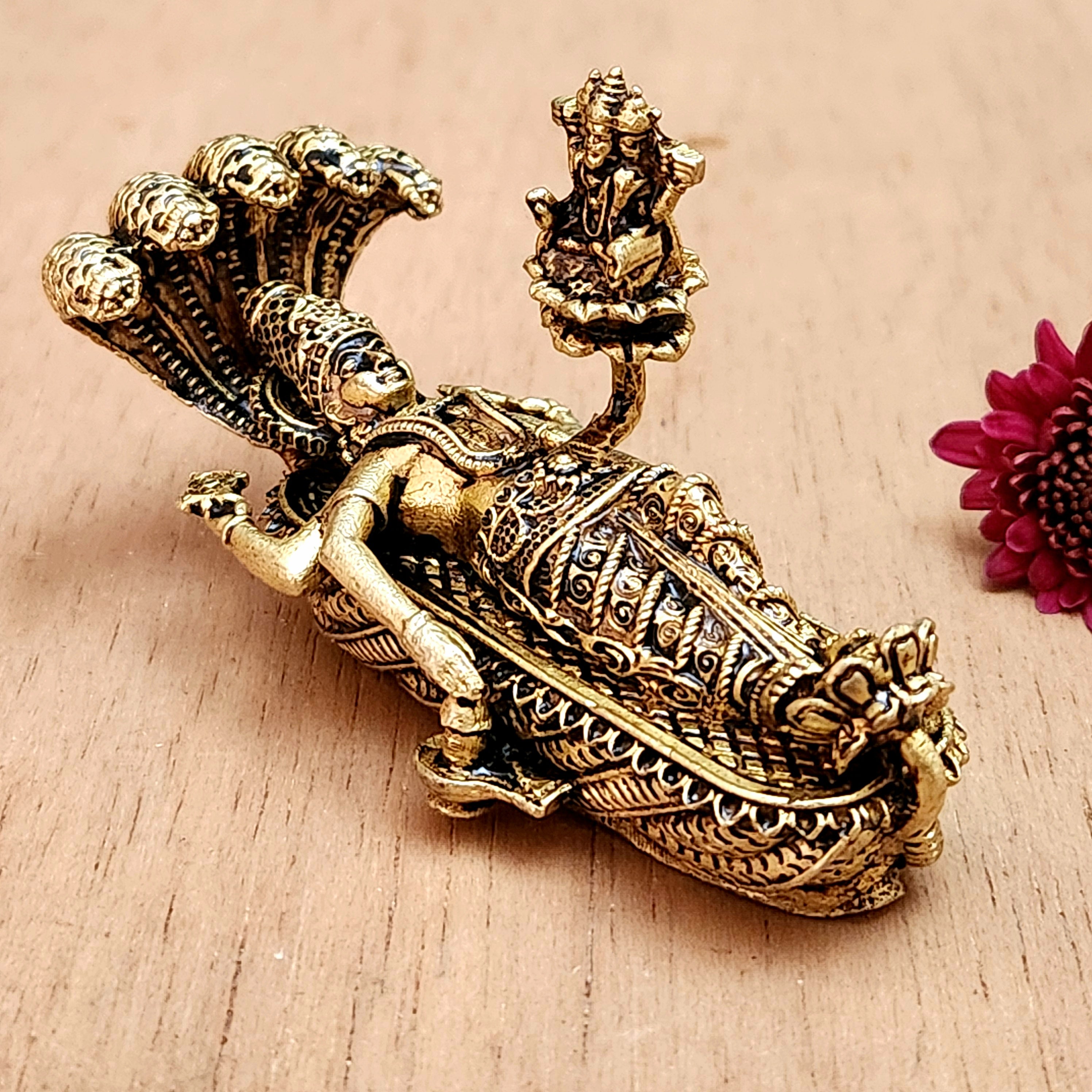 Brass Vishnu on Sheshnaag Miniature Idol | Lord Vishnu Statue for Vastu, Puja & Home Temple
