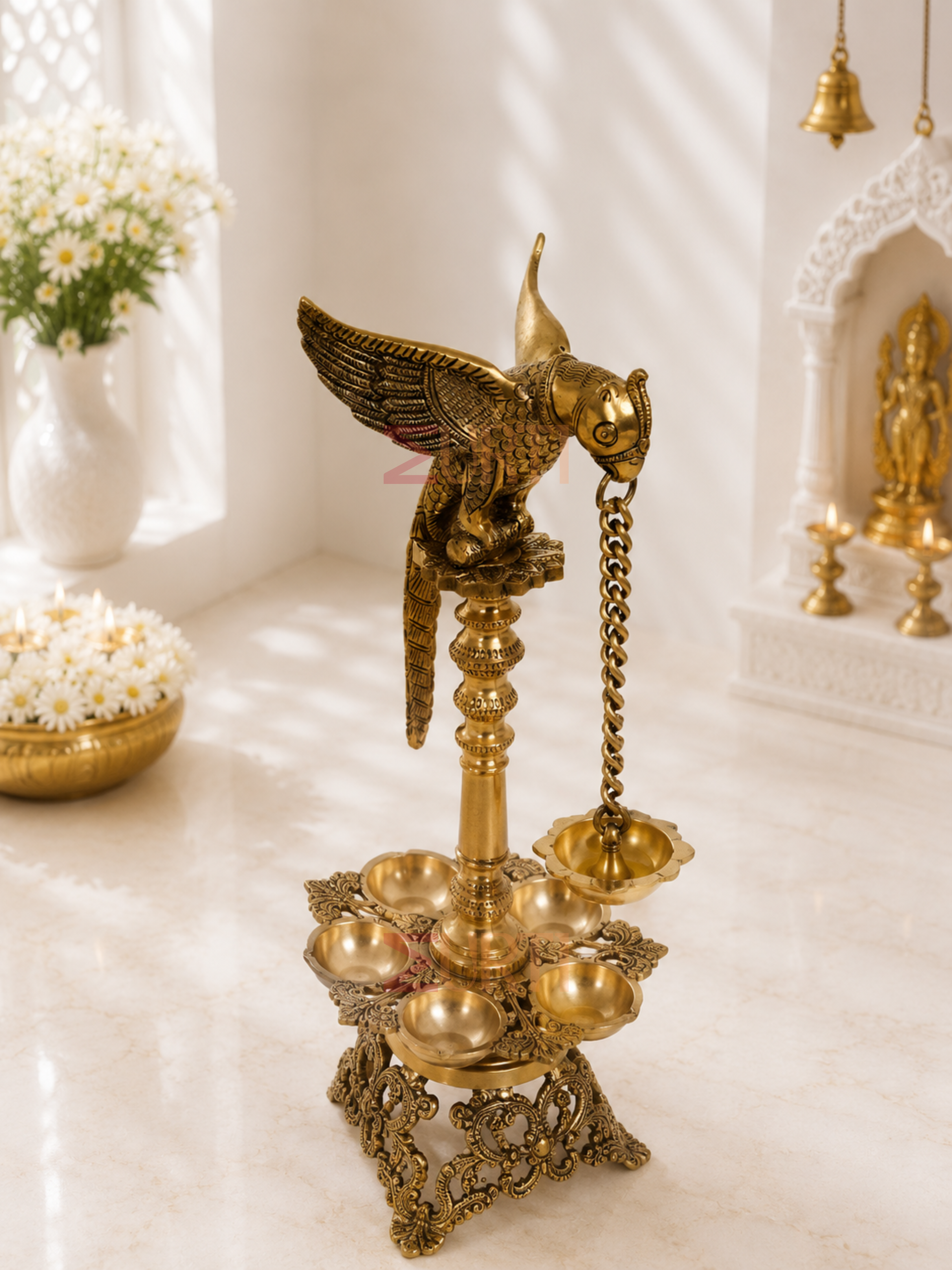 Brass Superfine Parrot Long Oil Lamp for Home Temple, Mandir & Traditional Decor