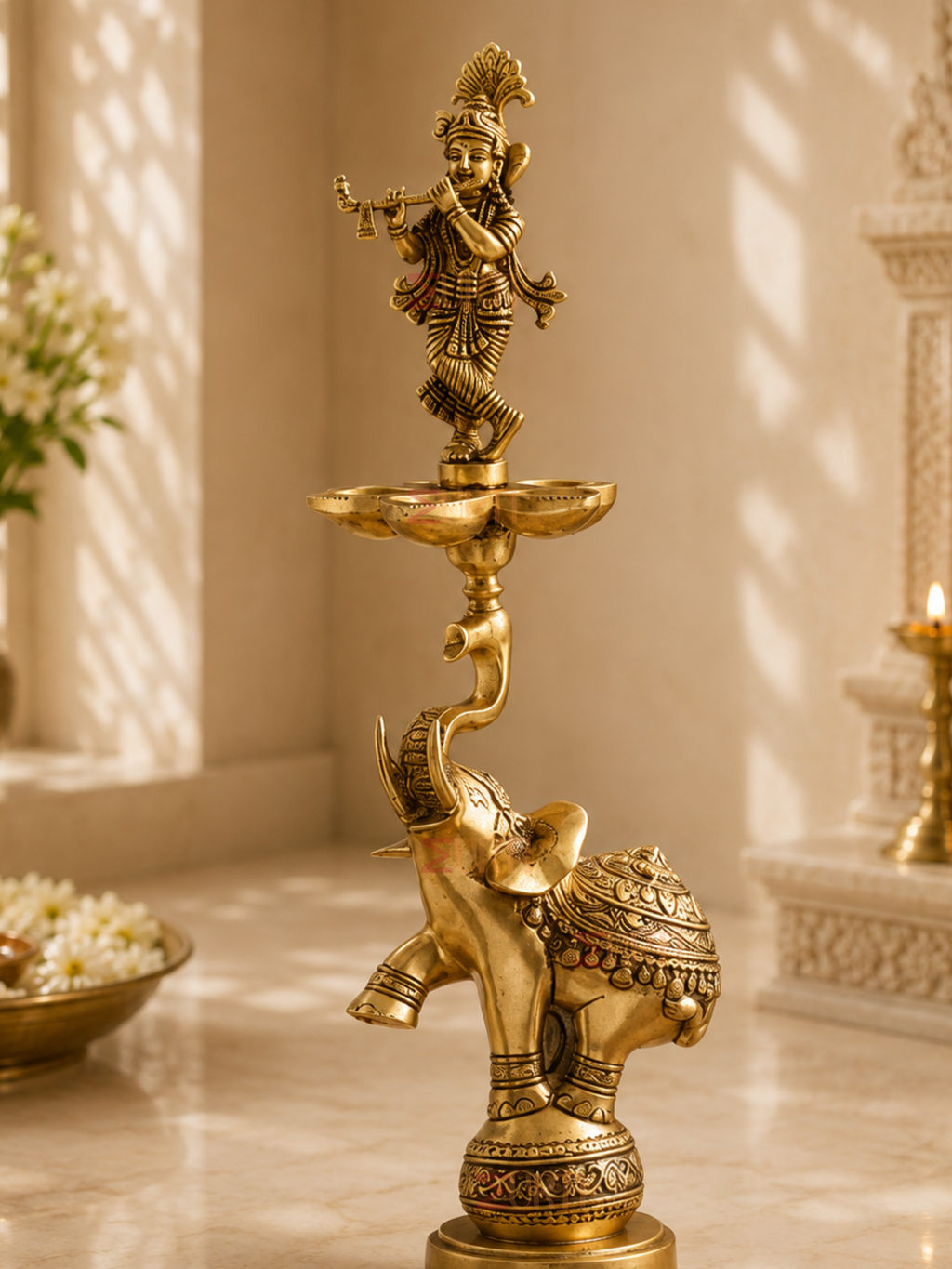 Handcrafted Brass Lord Krishna Oil Lamp with Elephant Base for Pooja Room & Spiritual Decor