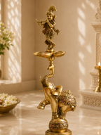 Handcrafted Brass Lord Krishna Oil Lamp with Elephant Base for Pooja Room & Spiritual Decor