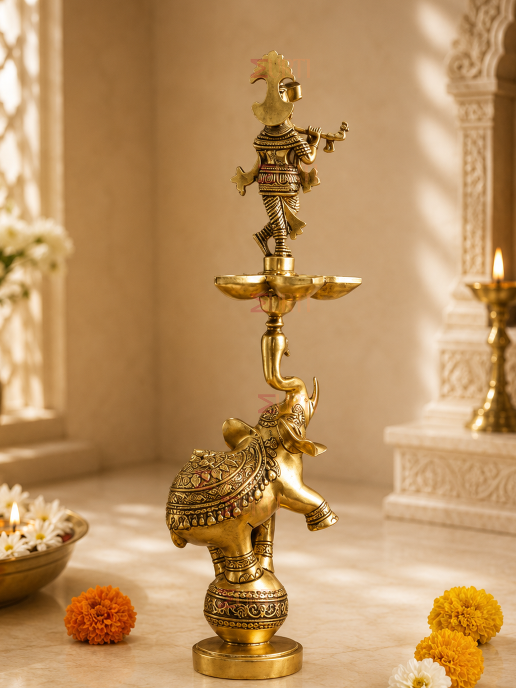 Handcrafted Brass Lord Krishna Oil Lamp with Elephant Base for Pooja Room & Spiritual Decor