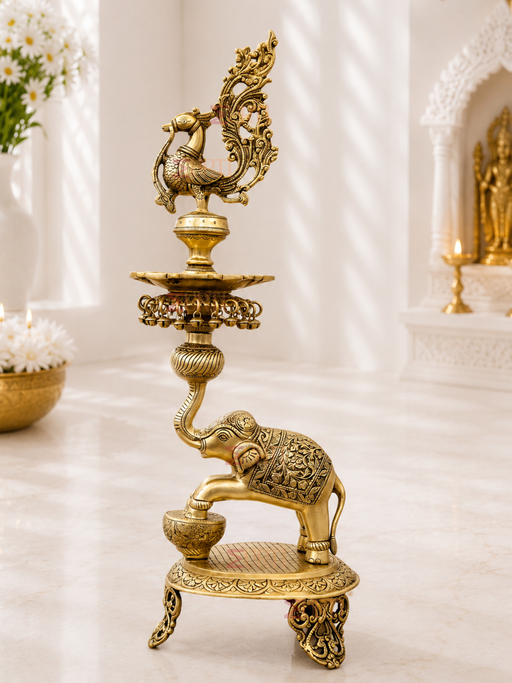 Handcrafted Brass Peacock Diya on Elephant for Pooja Room, Mandir & Festive Decor