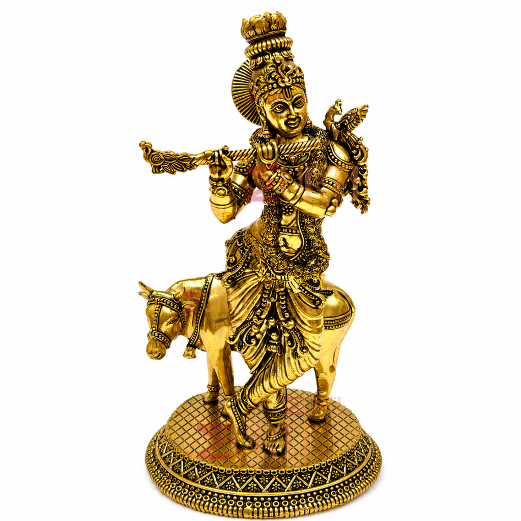 Krishna with Cow Brass Lord Krishna Playing Flute with Cow Idol | Hindu God Statue for Home Temple, Pooja & Spiritual Decor