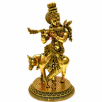 Krishna with Cow Brass Lord Krishna Playing Flute with Cow Idol | Hindu God Statue for Home Temple, Pooja & Spiritual Decor