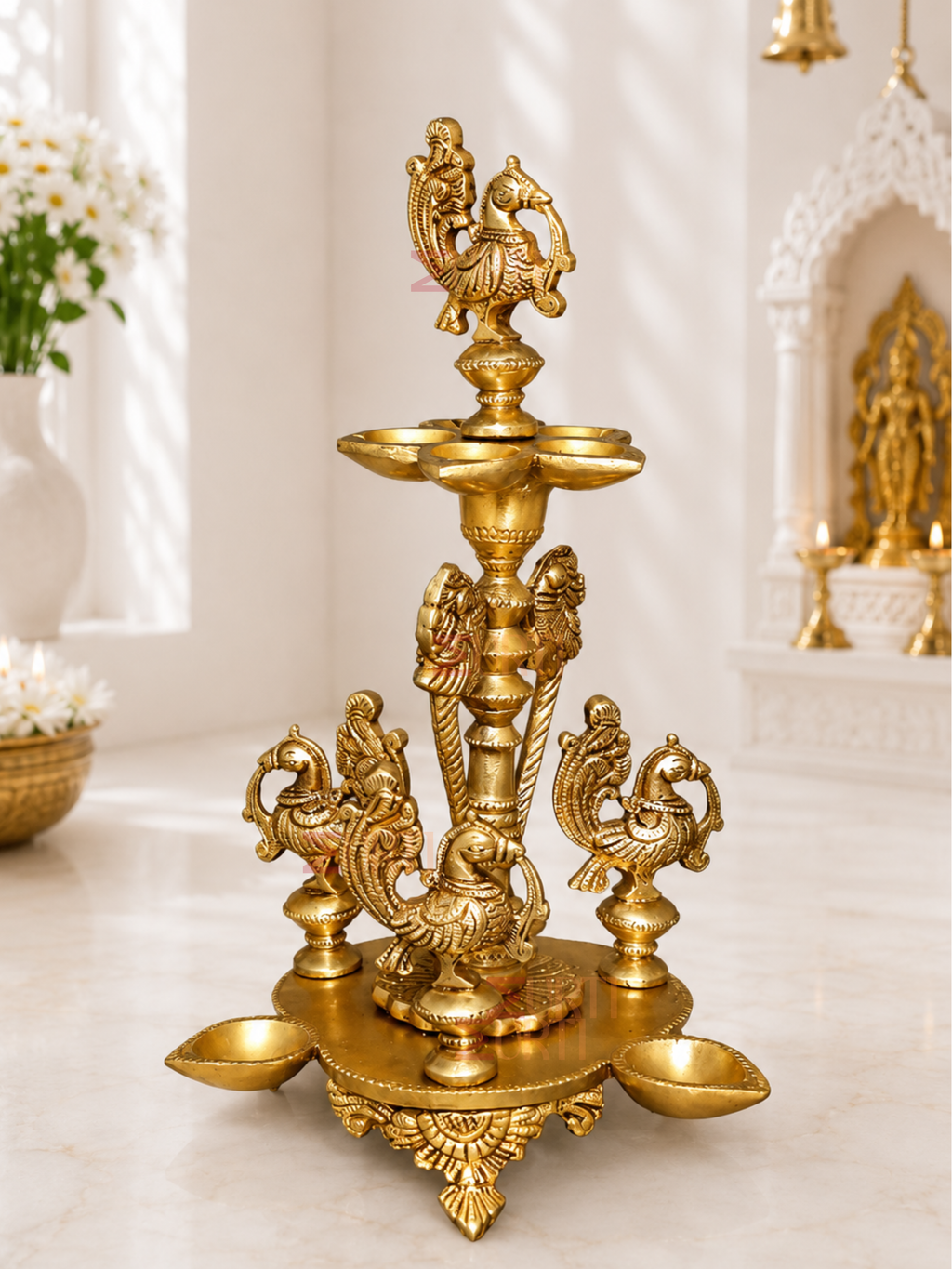 Brass Eight Wicks Peacock Oil Lamp for Home Temple, Mandir & Traditional Decor