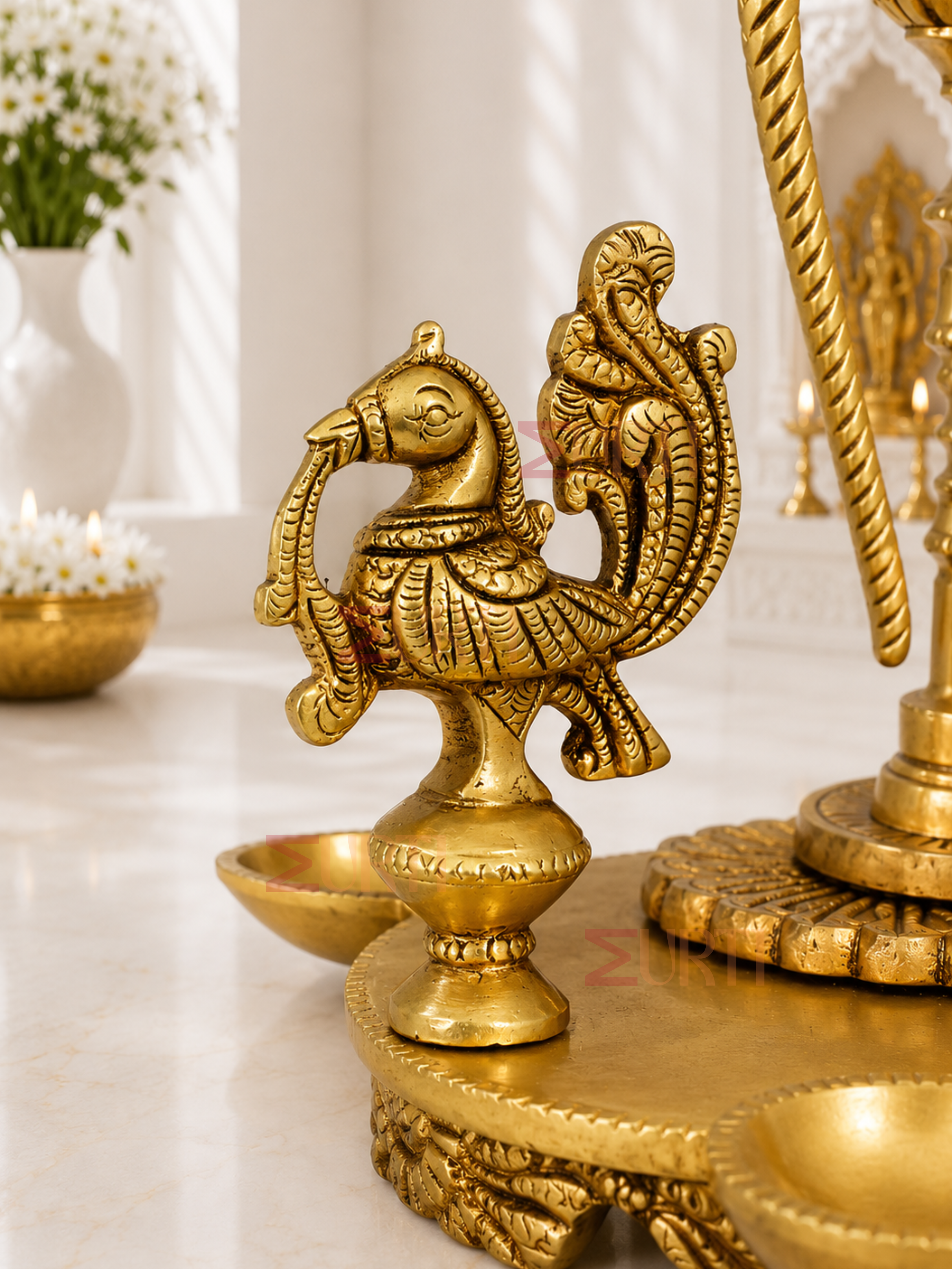 Brass Eight Wicks Peacock Oil Lamp for Home Temple, Mandir & Traditional Decor