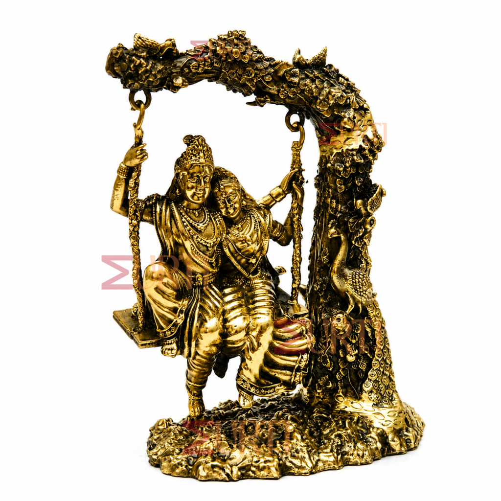 Brass Radha Krishna Jhula Idol with Peacock & Tree Design for Home Temple, Pooja & Spiritual Decor