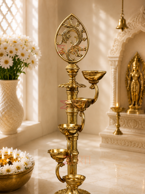 Brass Eight Wicks Peacock Oil Lamp for Home Temple, Mandir & Traditional Decor