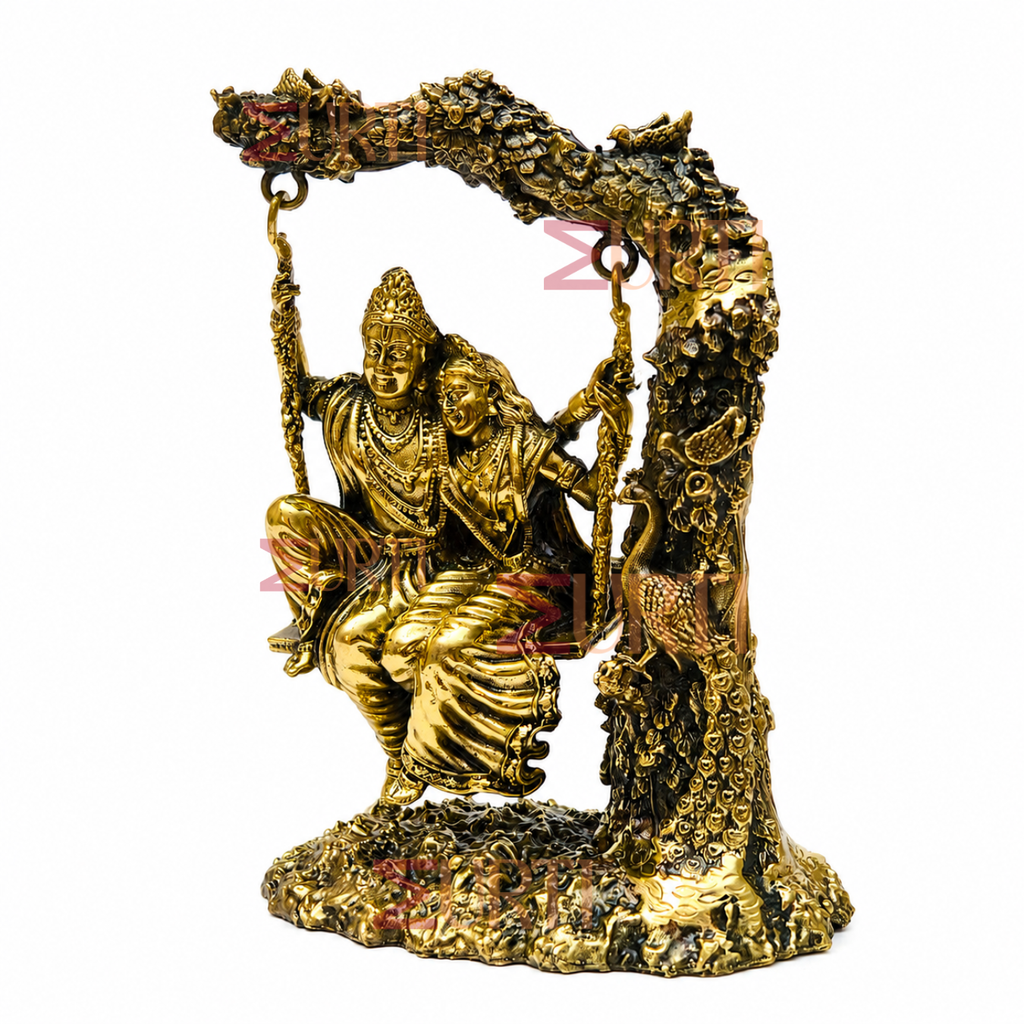 Brass Radha Krishna Jhula Idol with Peacock & Tree Design for Home Temple, Pooja & Spiritual Decor