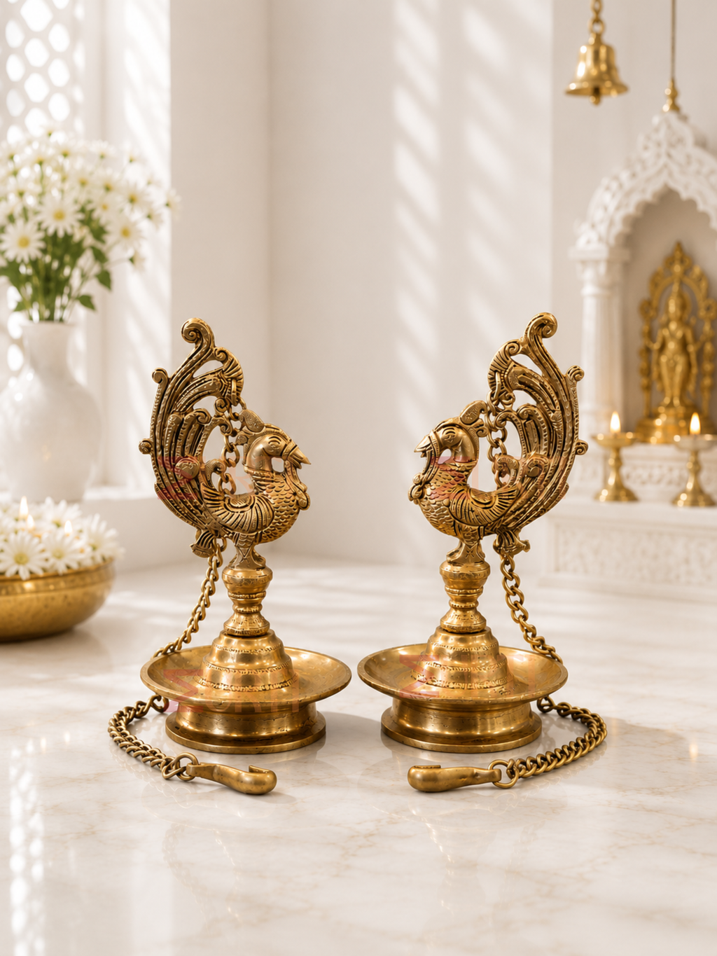 Brass Roof Hanging Peacock Lamp (Pair) for Home Temple, Mandir & Traditional Decor