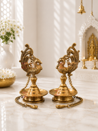 Brass Roof Hanging Peacock Lamp (Pair) for Home Temple, Mandir & Traditional Decor