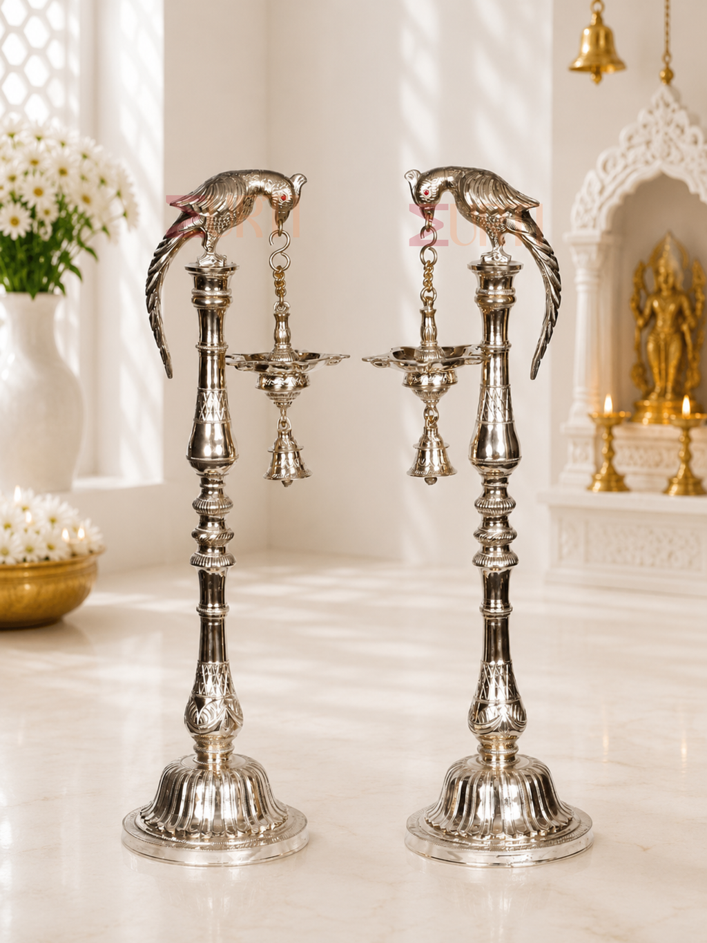 Brass Parrot Lamp with Bell (Pair) for Home Temple, Mandir & Traditional Decor