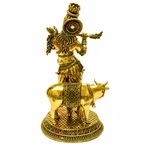 Krishna with Cow Brass Lord Krishna Playing Flute with Cow Idol | Hindu God Statue for Home Temple, Pooja & Spiritual Decor