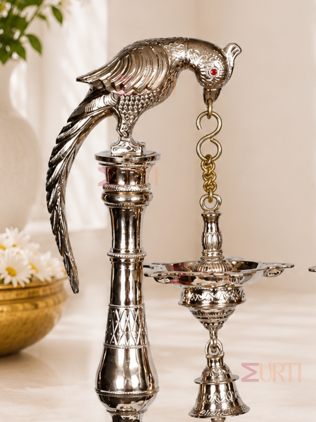 Brass Parrot Lamp with Bell (Pair) for Home Temple, Mandir & Traditional Decor