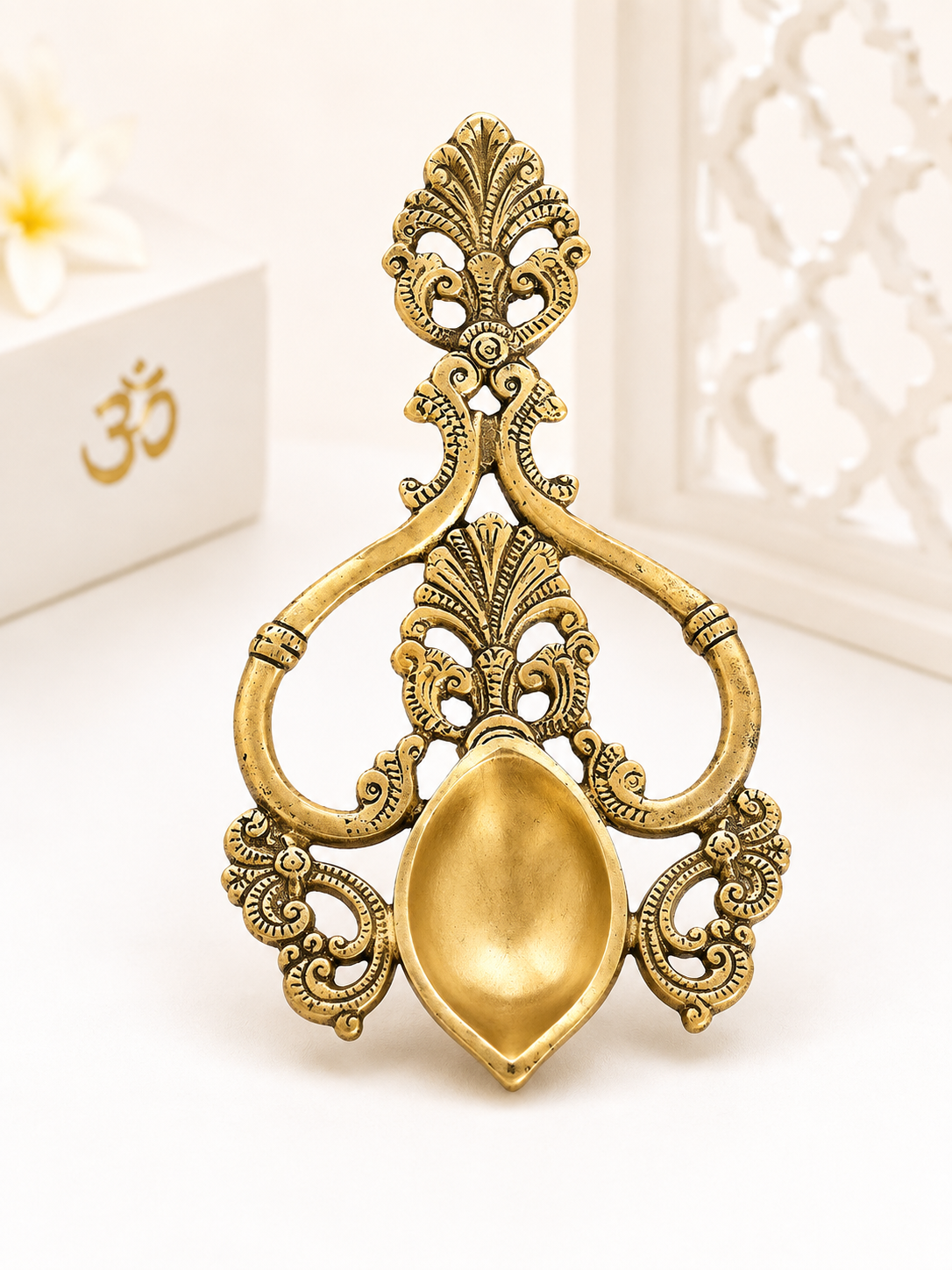 Handcrafted Brass Ethnic Handcarved Aarti & Havan Spoon for Home Temple, Pooja Room & Spiritual Decor