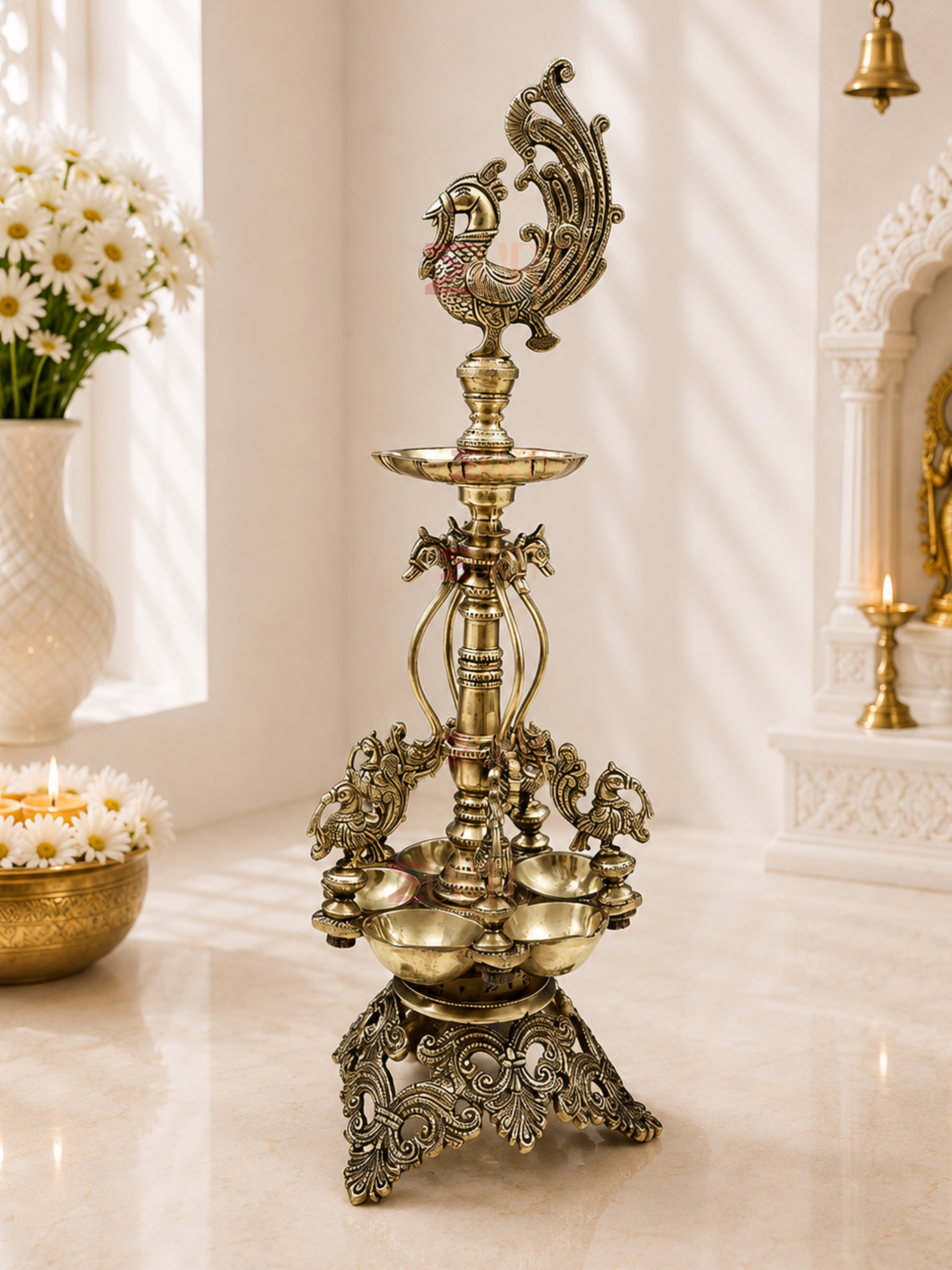 Brass Peacock Annam Lamp with Five Wicks for Home Temple, Mandir & Traditional Decor