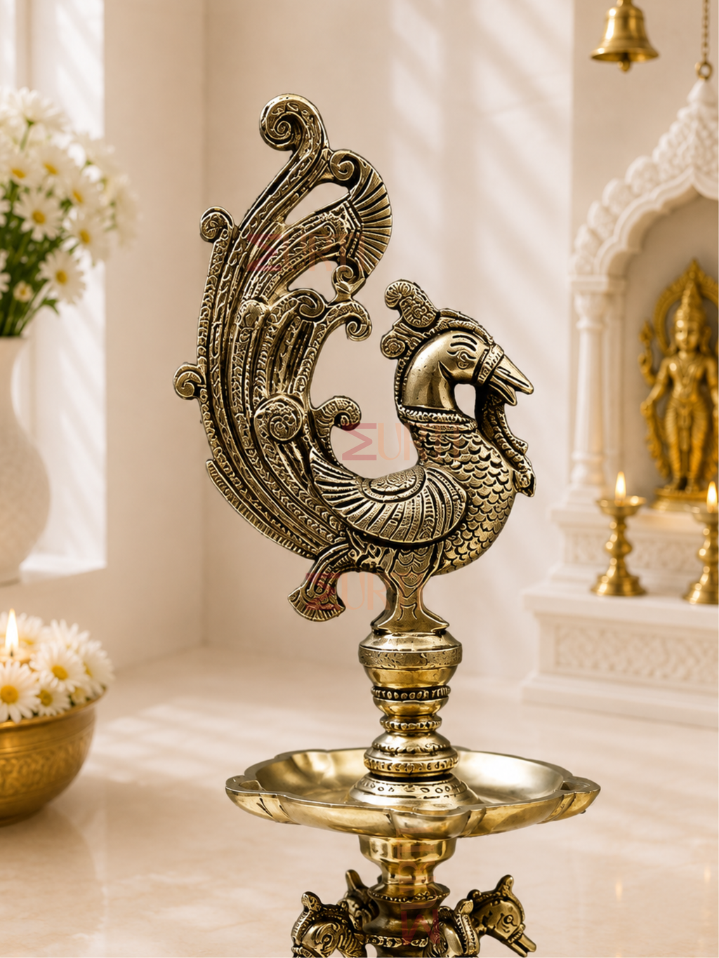 Brass Peacock Annam Lamp with Five Wicks for Home Temple, Mandir & Traditional Decor