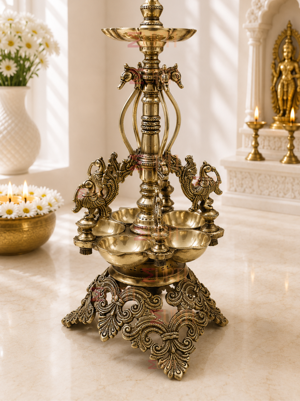 Brass Peacock Annam Lamp with Five Wicks for Home Temple, Mandir & Traditional Decor