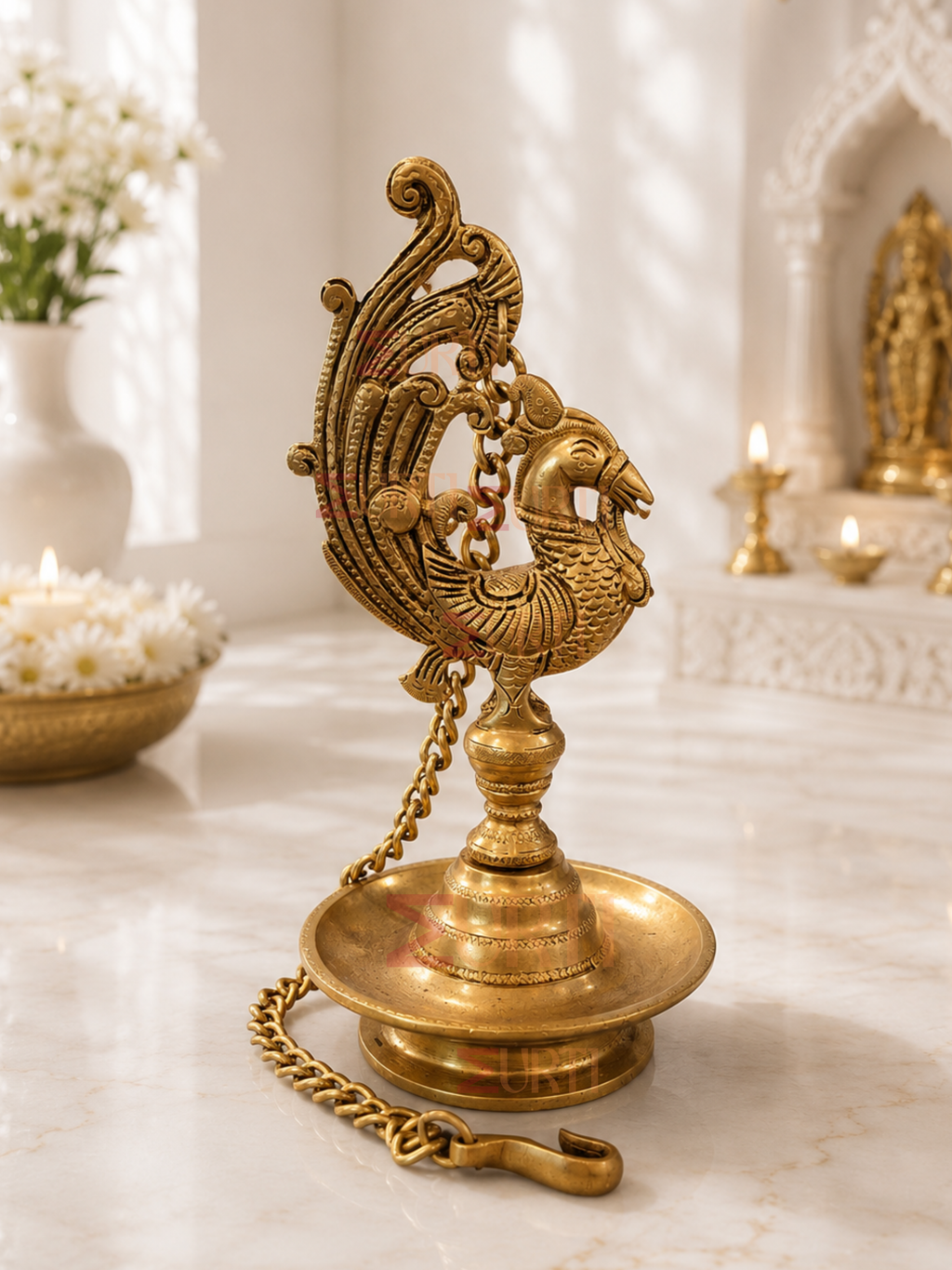 Brass Roof Hanging Peacock Lamp (Pair) for Home Temple, Mandir & Traditional Decor