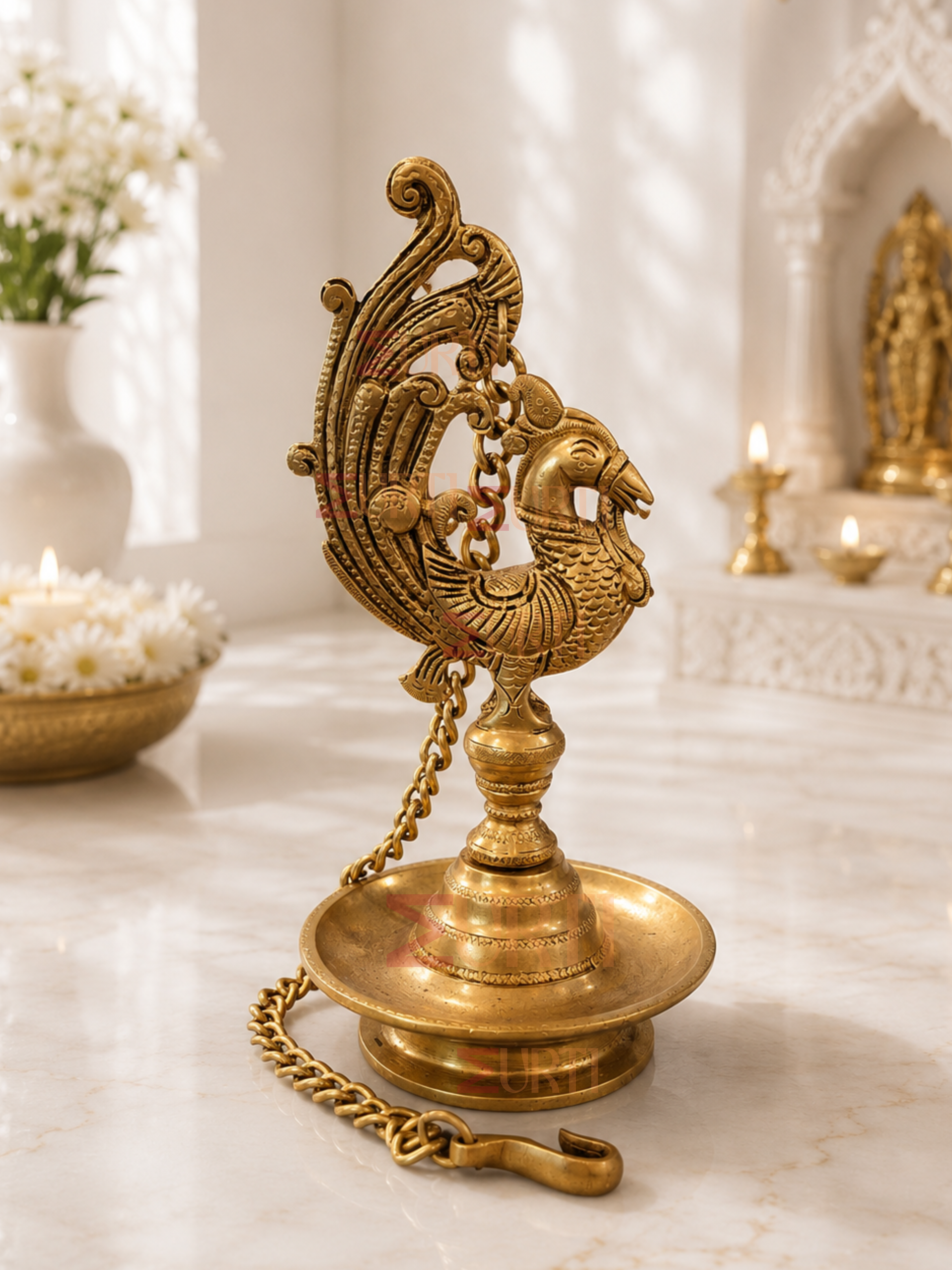 Brass Roof Hanging Peacock Lamp (Pair) for Home Temple, Mandir & Traditional Decor