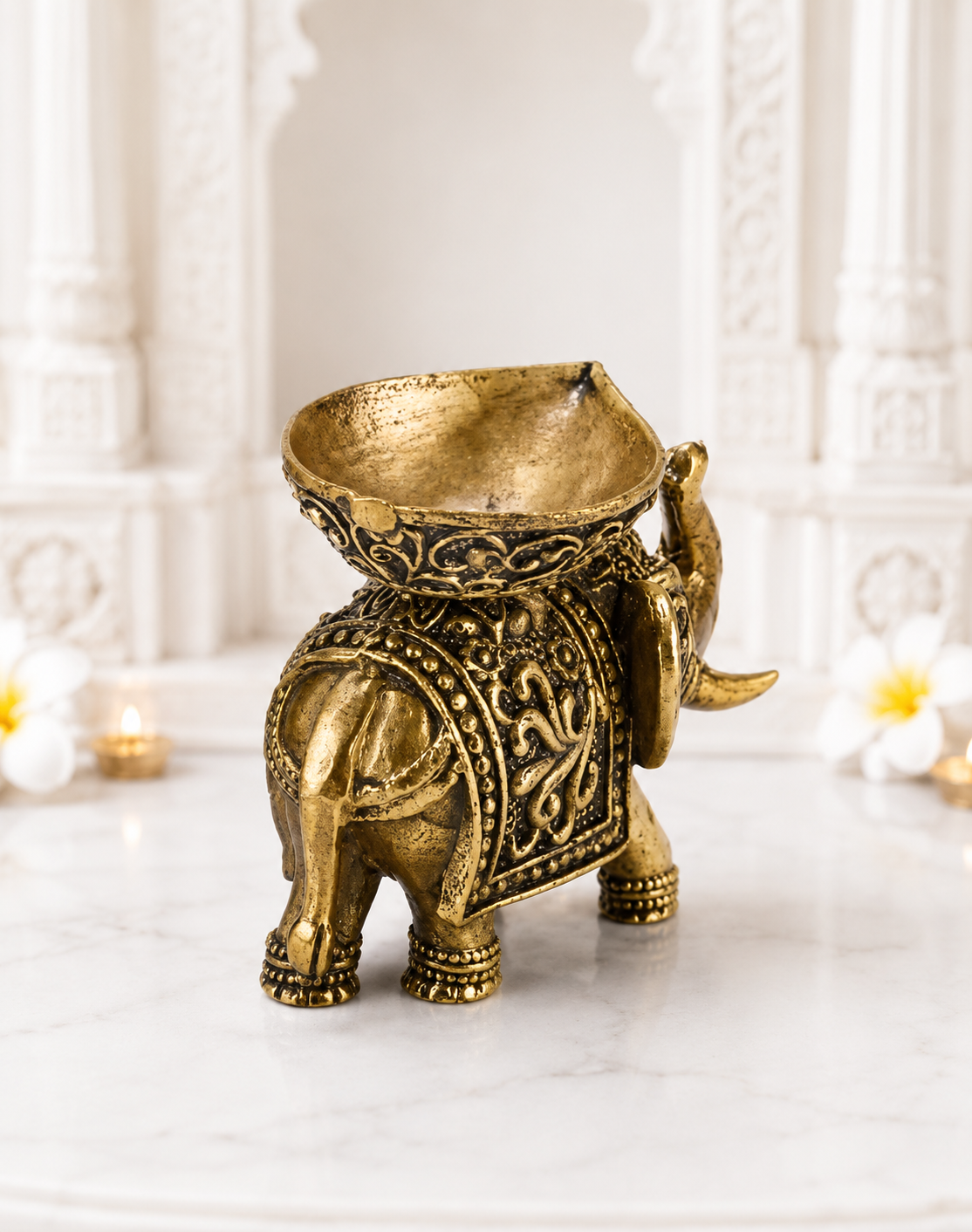Premium Brass Elephant Diya with Antique Finish for Home Temple & Housewarming Gift