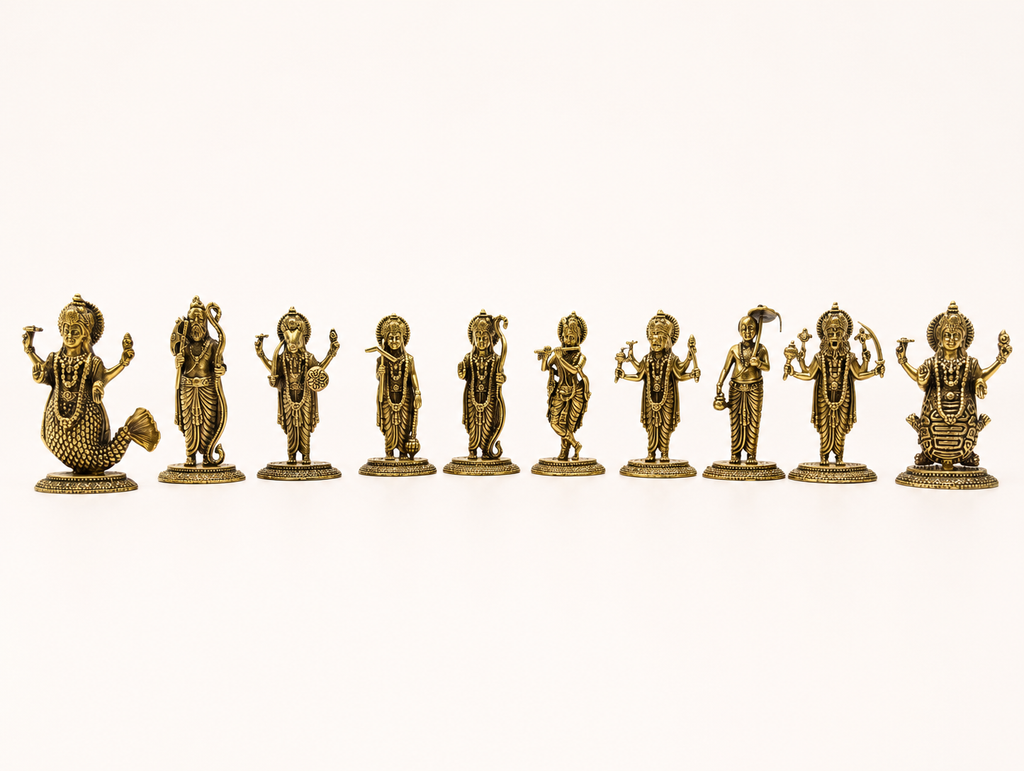 Lord Vishnu Dashavatara Antique Finish Brass Statue Set for Pooja, Temple Decoration, Spiritual Home Decor & Festive Gifts