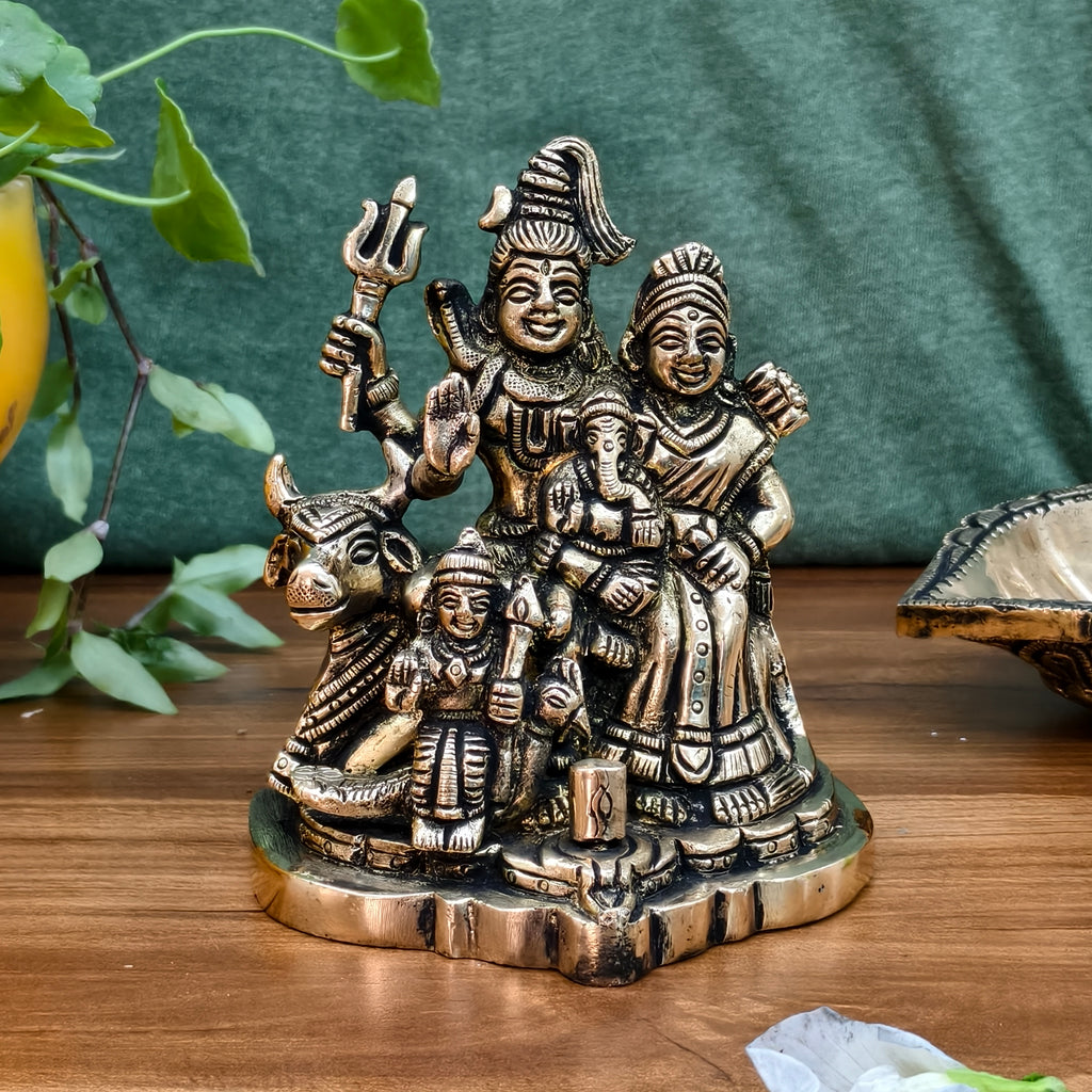 Brass Shiv Parivar Idol | Sacred Shiva Parvati Ganesh Statue for Home Temple & Puja