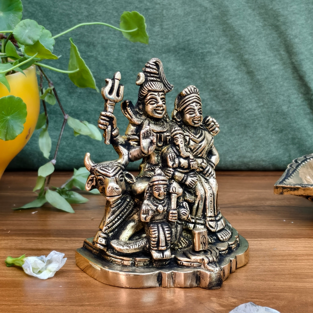 Brass Shiv Parivar Idol | Sacred Shiva Parvati Ganesh Statue for Home Temple & Puja